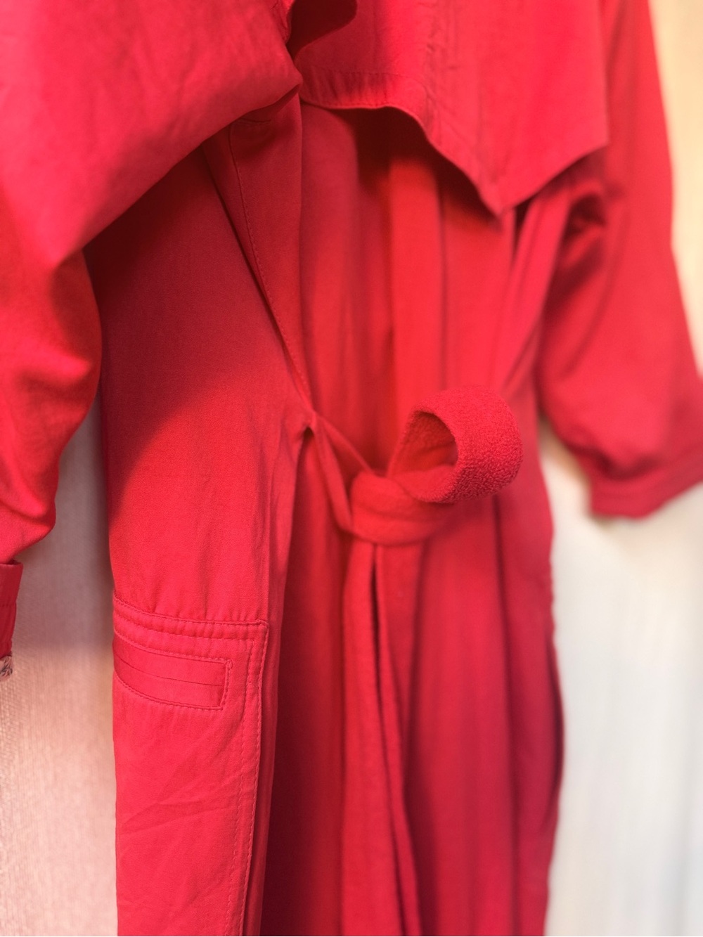 Women's Long Red Double-Breasted Trench Coat with Notched Collar - Picture 5 of 6